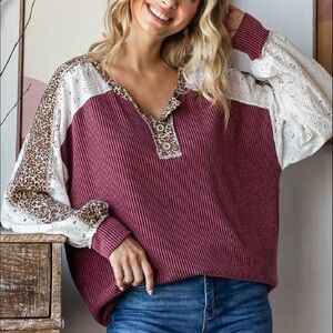 7th Ray Plum and Cream Mixed-Media Long Sleeve Top